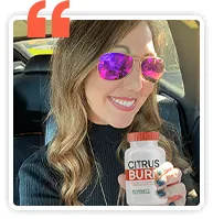 Testimonial photo: Tasha M., 41 | Austin, TX | Verified Buyer, smiling while promot  Bottle CitrusBurn .- review 1